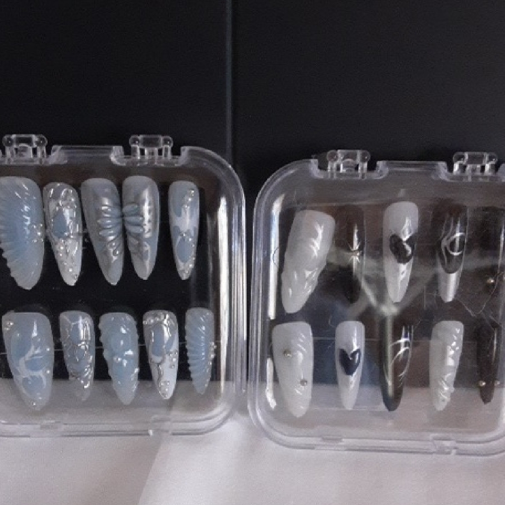 Blue and White Press-On Nail Set with Heart Accents